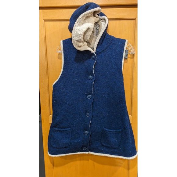 L.L.Bean Ladies Vest Coat Large Lambswool‎ Blend Blue Sherpa Lining Hooded Long - Picture 1 of 5